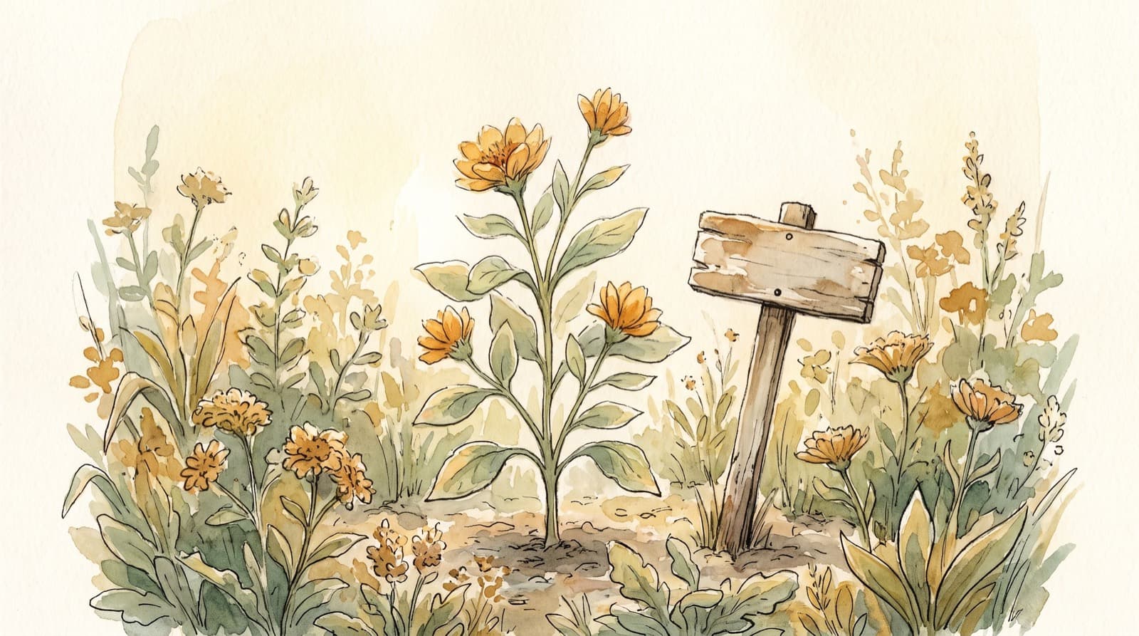 A watercolor garden bed with one plant in full bloom