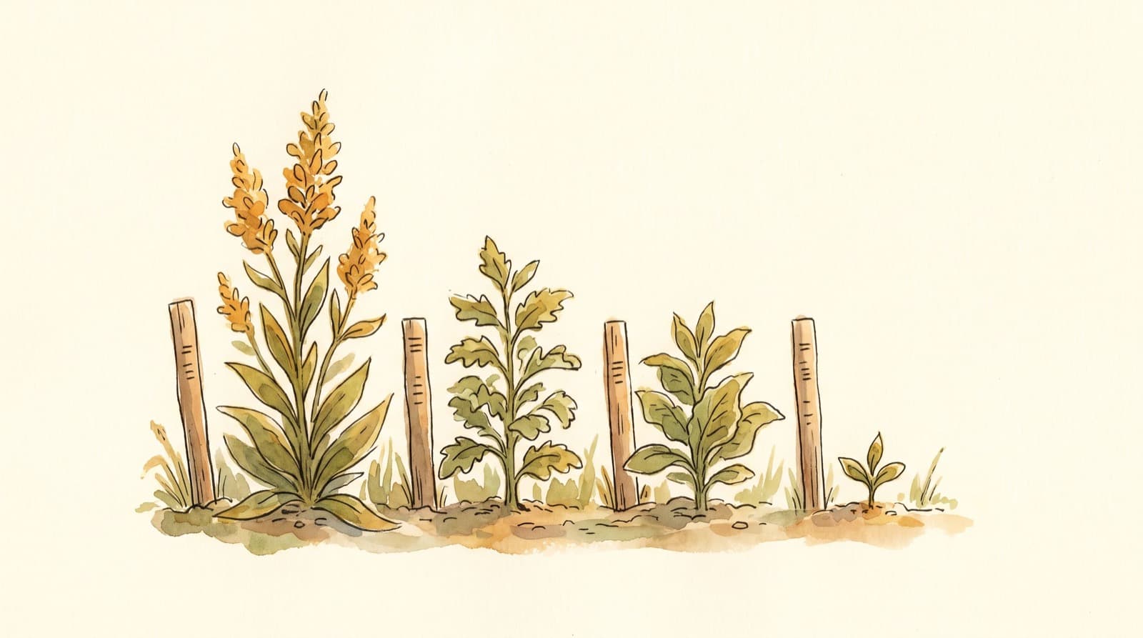 A watercolor garden bed with four young plants in a row